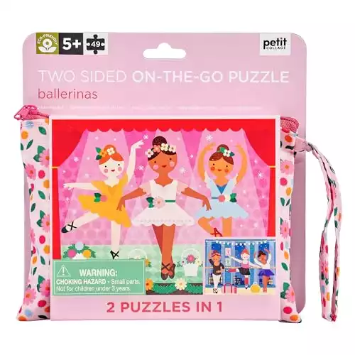Petit Collage Two-Sided 49-Piece Puzzle for Kids, Ballerina – On-The-Go Double-Sided Puzzle for Preschoolers, Made with Safe Materials, Ideal for Ages 5+